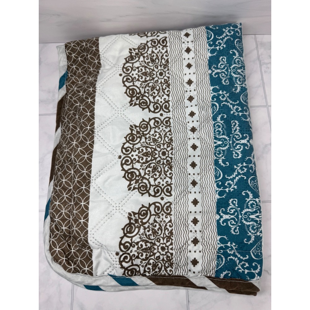 Bohemian Quilted Pillow Sham Teal Brown White Damask Geometric Patchwork 29x22